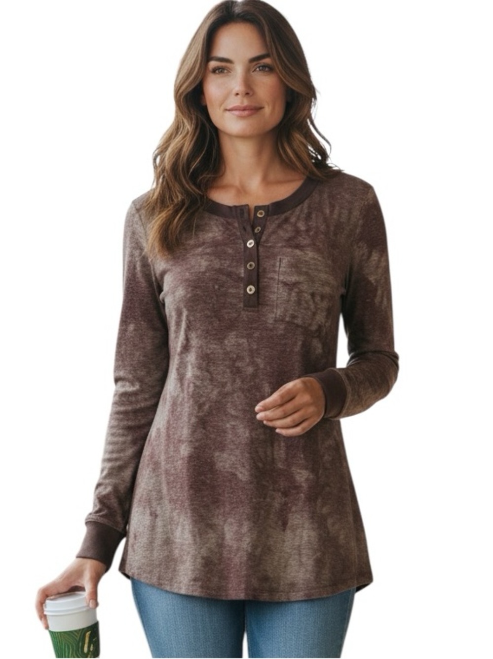 DAYTRIP: Long Sleeve Brown Tie Dye 1/4 Button Up Shirt - Size Medium